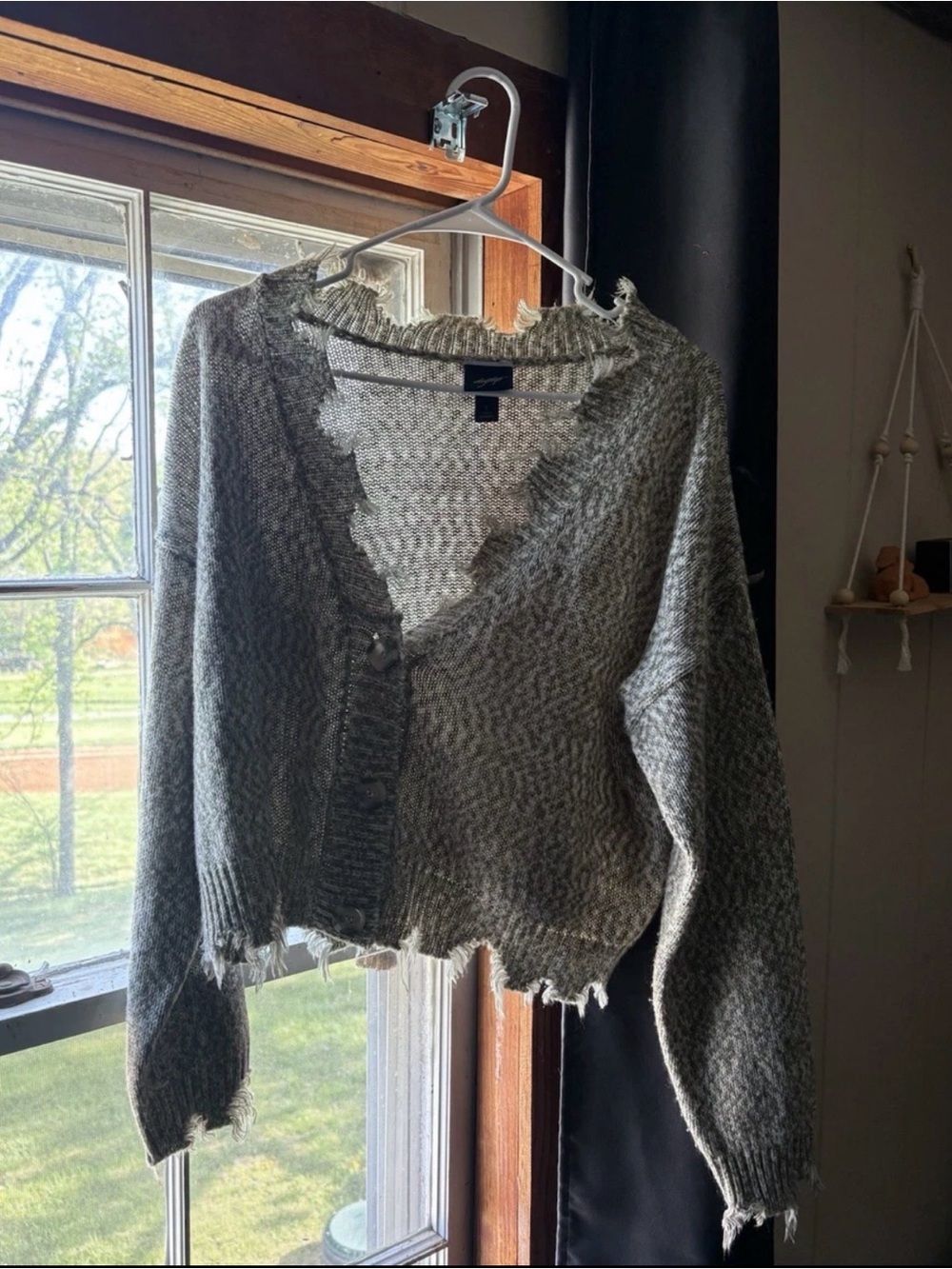 Daytrip Distressed Gray Cropped Knit Cardigan